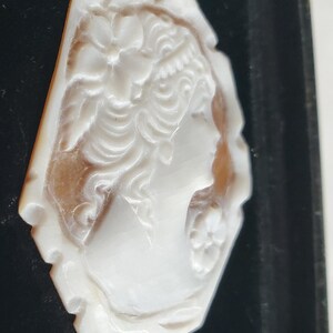 May include: A carved cameo pendant featuring a woman's profile with floral details in a cream color. The cameo is set against a dark background, showcasing the intricate relief carving and the delicate features of the woman's face.