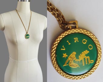 1960s/70s Virgo Glass Medallion Necklace - 60s Zodiac Necklace - 60s/70s Jewelry -