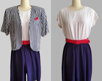 1980s Red White and Blue Romper with Matching Jacket and Belt - 80s Romper - Women's Vintage Size Large