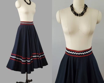 1950s Cotton Circle Skirt with Red and White Rickrack 50's Cotton Skirt 50s Women's Vintage Size 24" Waist XS