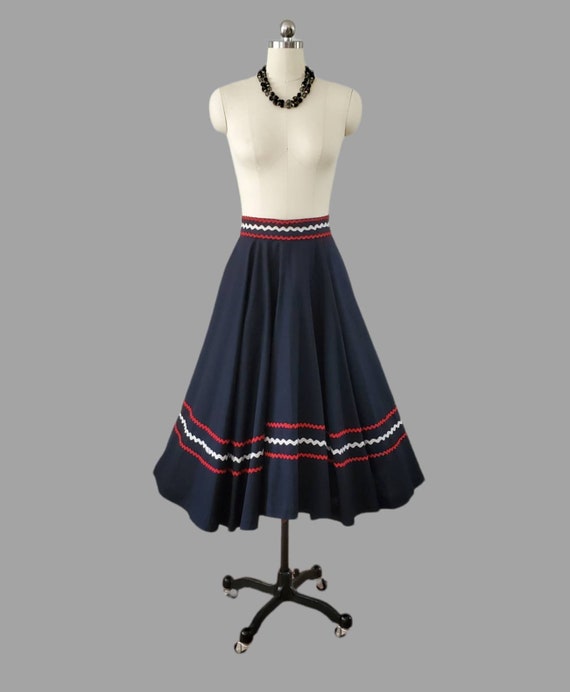 1950s Cotton Circle Skirt with Red and White Rickrack… Gem