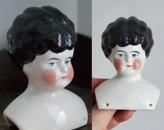 Antique Low Brow China Doll Head with Painted Black Hair - 3.25" Tall - Antique German Dolls - Collectible Dolls - Doll Parts