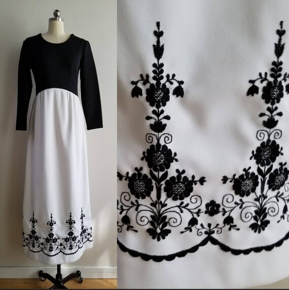 1970's Embroidered Black and White Maxi Dress by … - image 1