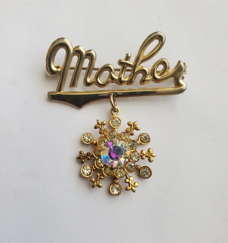 1960s Mother Charm Brooch Pin with AB Rhinestone Mid-century Fashion 60s Accessories image 3