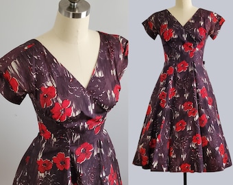 1950s Abstract Floral Cocktail Dress with Full Skirt - 50s Dress - 50's Women's Vintage Size Medium