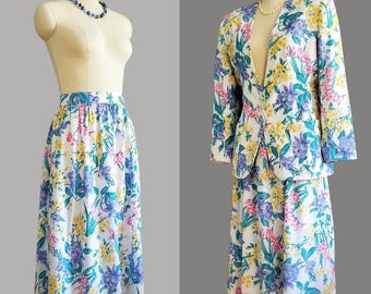 1980s Blazer and Skirt Set by Lucia -  80s Floral Set - 80s Women's Vintage Size XL
