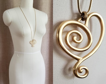 1980s Anne Klein Long Necklace with Swirl Heart Pendant - Vintage Fashion - 80s Jewelry