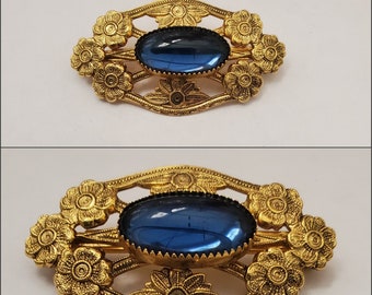 Vintage 60s Victorian Revival Brooch with Blue Czech Glass Cabochon - Antique Victorian Jewelry - Vintage Brooch