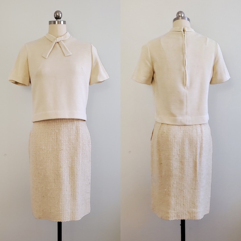 1960s Butte Knit Dress Suit with Skirt, Jacket and blouse Linen Cotton Blend 60s Dress Set 60s Women's Vintage Size Small/Medium image 2