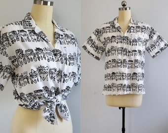 80s Blouse with Ladies' Faces - 80's Shirt - 80s Women's Vintage Size Large