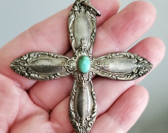 Vintage Towle Sterling King Richard Cross Pendant with Turquoise Cabochon - Midcentury Fashion - Vintage Jewelry