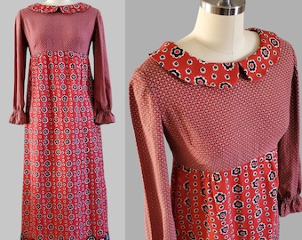 1970s Maxi Dress with Mixed Patterns - 70s Dress - 70s Women's Vintage Size Small/Medium