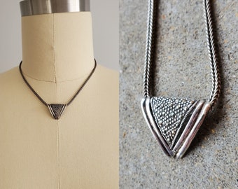 1970s Sterling Silver Rope Chain Necklace with Marcasite Triangle Pendant - 70s Jewelry - 70s Fashion