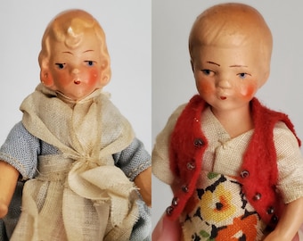 Antique Miniature Painted Bisque Dollhouse Dolls 4" Tall - German Boy and Girl Souvenir Dolls - Antique German Dolls - Collectible Dolls