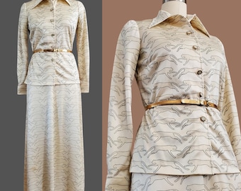 1970s Blouse and Maxi Skirt Set by Mr Dino - 70s Fashion - Women's Vintage Size Medium