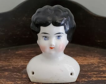 Miniature Antique Low Brow China Doll Head with Painted Black Hair - 2.5" Tall - Antique German Dolls - Collectible Dolls - Doll Parts