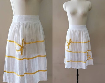 1950s Half Apron with French Dot Fabric and Yellow Bow Detail on the Pocket 50s Vintage Kitchen 50's Housewares