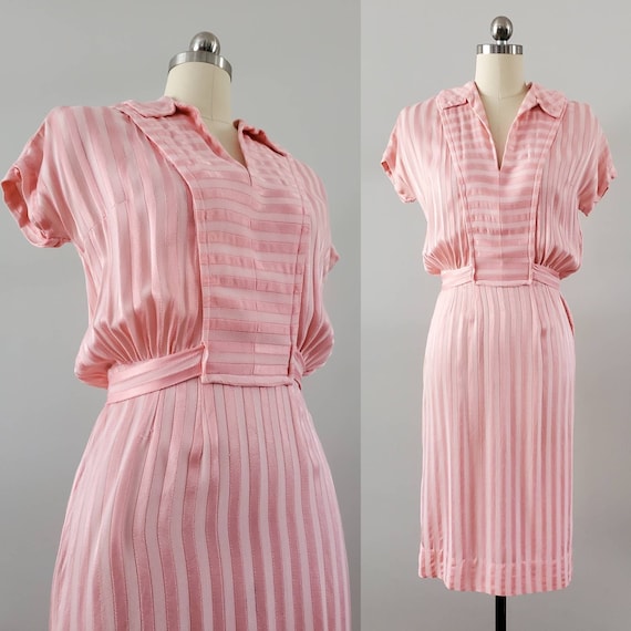 1940s Pink Dress with Attached Belt 40s Day Dress… - image 1