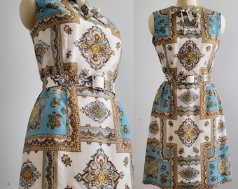 1960s Rococo Print Dress with Matching Belt by Jean Lang - 60s Dress - 60s Women's Vintage Size Large