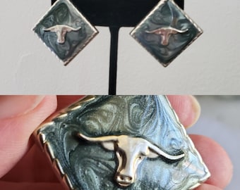 1980s Longhorn Earrings with Marbled Enamel - Western Earrings - 80s Jewelry