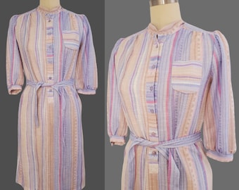 1980s Striped Dress with Matching Tie Belt - 80's Dresses - 80s Women's Vintage Size Medium