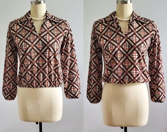 1970s Blouse with Elastic Waist and Cuffs - 70s Blouse - 70's Women's Vintage Size Medium
