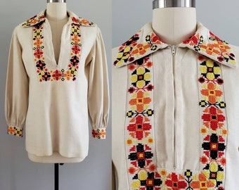 1960s Blouse with Embroidery 60s Boho Shirt 60's Women's Vintage Size Medium
