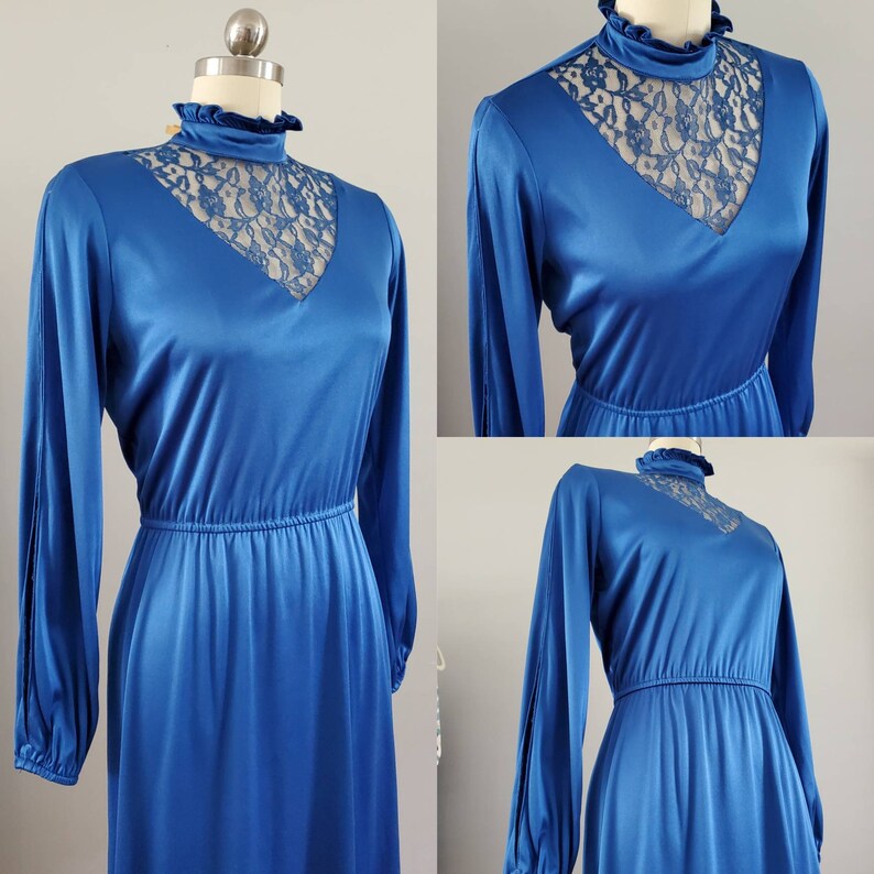1970s Dress with High Collar and Lace Inserts on Bodice and Sleeves 70's Dress 70s Women's Vintage Size Small image 4