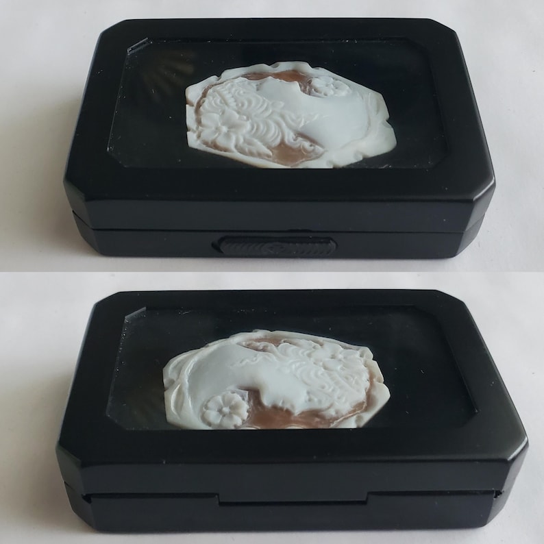 May include: Two black display cases each hold a white cameo with a profile of a woman. The cameo is set against a brown background. The cameo is in a black display case with a clear top.
