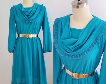 1970's Teal Peasant Dress with Ruffled Cowl -  70's Dress - 70s Women's Vintage Size Large