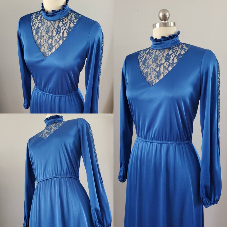1970s Dress with High Collar and Lace Inserts on Bodice and Sleeves 70's Dress 70s Women's Vintage Size Small image 3