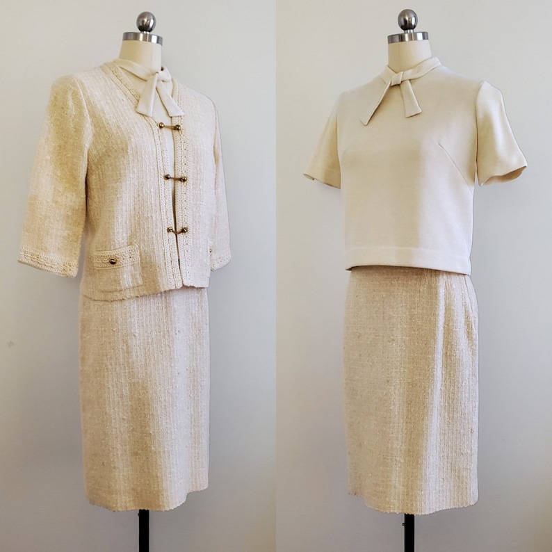 1960s Butte Knit Dress Suit with Skirt, Jacket and blouse Linen Cotton Blend 60s Dress Set 60s Women's Vintage Size Small/Medium image 4