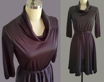 1970s Black Cowl Neck Dress with Tie Belt - 70's Dresses - 70s Women's Vintage Size Medium/ Large