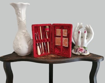 19th Century Travel Sewing Kit in Red Velvet Case - Victorian Accessories- Sewing Notion Collectibles