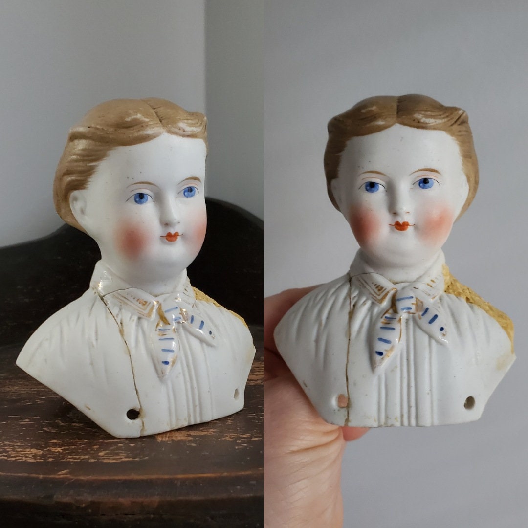 Antique Parian Kling Doll Head with Short Blonde Molded Hairstyle and Middle Part - 4
