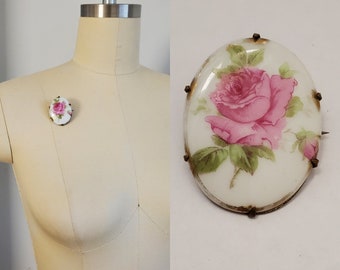 Large Victorian Ceramic Hand Painted Rose Brooch Pin - Victorian Jewelry - Victorian Accessories