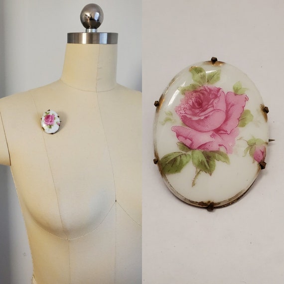 Broche Ancienne Vintage En Céramique - Rose - Métal Doré - Thème Fleurs