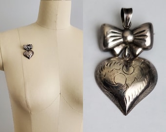 Vintage Sterling Silver Brooch Pendant Combo - Puffed Heart and Bow Pendant - Vintage Fashion - 80s Jewelry