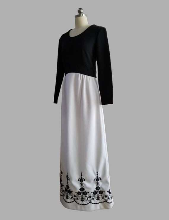 1970's Embroidered Black and White Maxi Dress by … - image 2