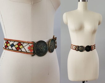 1960s Hand Stitched Belt with Large Metal Hand Cast Buckle -  60s Accessories - 60s Women's Vintage Size XL