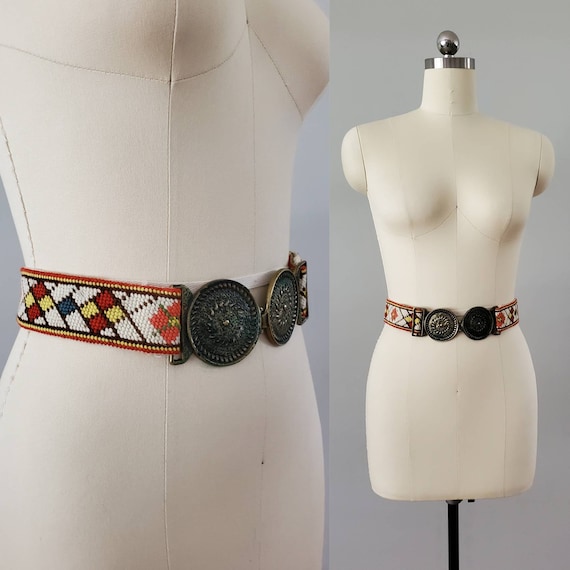 1960s Hand Stitched Belt with Large Metal Hand Ca… - image 1