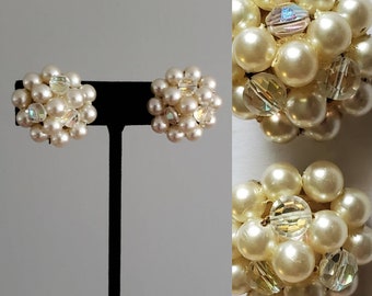 Vintage 1960's Faux Pearl and Crystal Bead Clip-on Earrings 60s Jewelry 60's Accessories - Vintage Pinup Jewelry