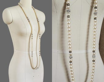 1970s Long Faux Pearl Necklace with Sparkly Rhinestone Accents - 70s does 20s Jewelry - 70s Accessories