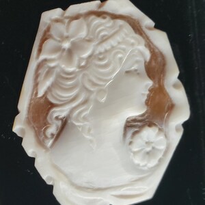 May include: A carved cameo featuring a profile of a woman with flowing hair and floral accents. The cameo is white with a brown background, set in a decorative, irregular shape. The design is detailed and elegant.