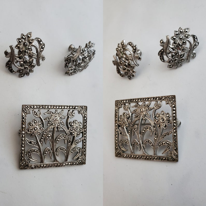 Vintage Sterling Silver and Marcasite Floral Pin and Earring Set Mid-century Jewelry Vintage Accessories image 2