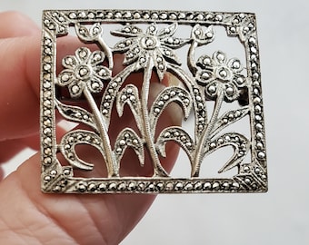 Vintage Sterling Silver and Marcasite Floral Pin and Earring Set - Mid-century Jewelry - Vintage Accessories