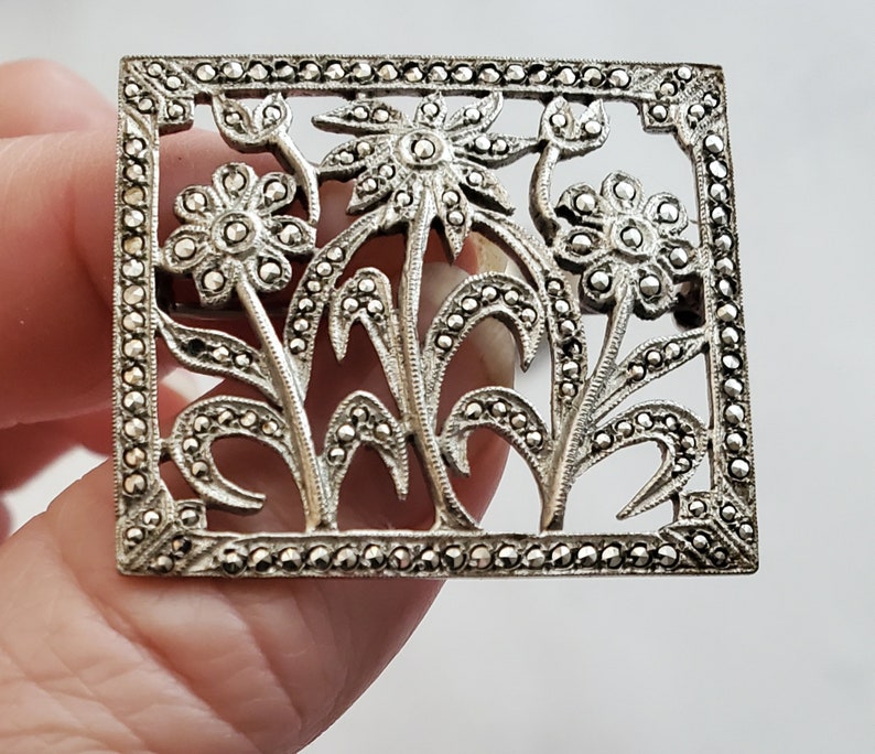 Vintage Sterling Silver and Marcasite Floral Pin and Earring Set Mid-century Jewelry Vintage Accessories image 3