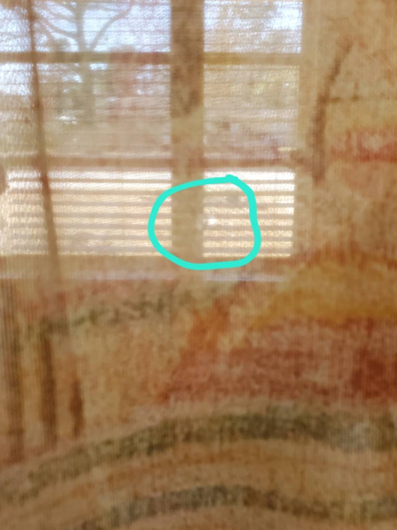 May include: A close-up of a sheer curtain with a window behind it. The window has blinds and the curtain has a pattern of brown, orange, and green.