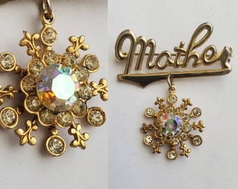 1960s Mother Charm Brooch Pin with AB Rhinestone - Mid-century Fashion - 60s Accessories