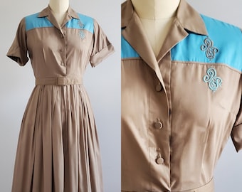 1960s Day Dress in Turquoise and Coco with Filigree Embroidery- 60s Shirt Dress - 60s Women's Vintage Size Medium